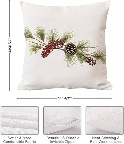Miniatura 7 de Fundas de almohada de ramas de pino con cono de pino y bayas, funda de cojín navideña de 22 x 22 pulgadas, funda de almohada asiática Eurosham