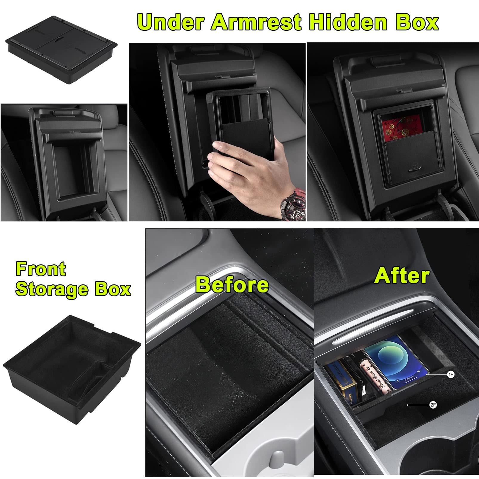 [Pack 4] pour Tesla Model Y 2023 2022 2021 Accessoire, Plateau Organisateur de Console Centrale floquée pour Model Y, boîte de Rangement sous siège pour Tesla Model Y