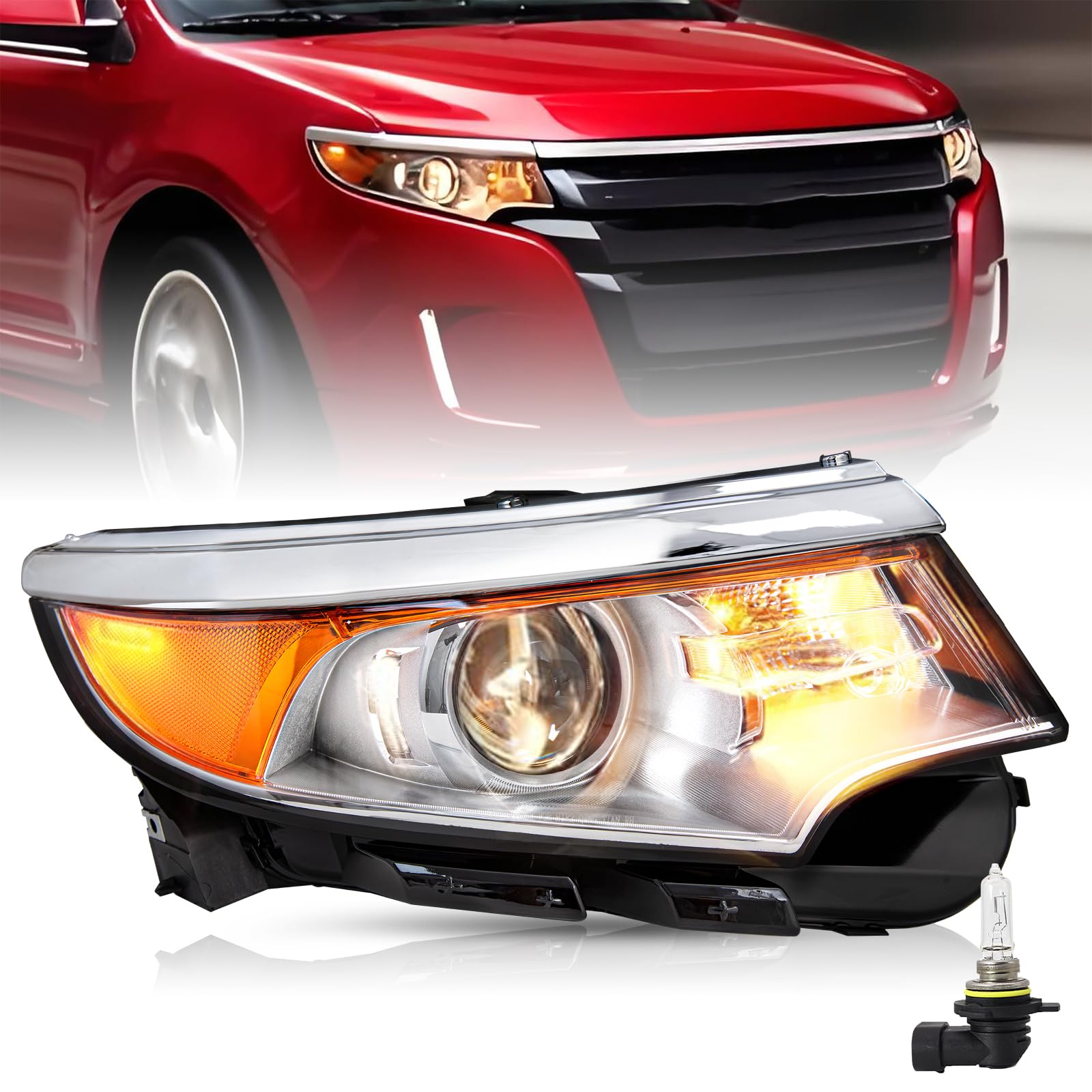 Headlight Assembly [Halogen Type Models] w/Bulbs Fit for 2011 2012 2013 2014 Ford Edge Passenger Side (Chrome Housing with Amber Reflector)