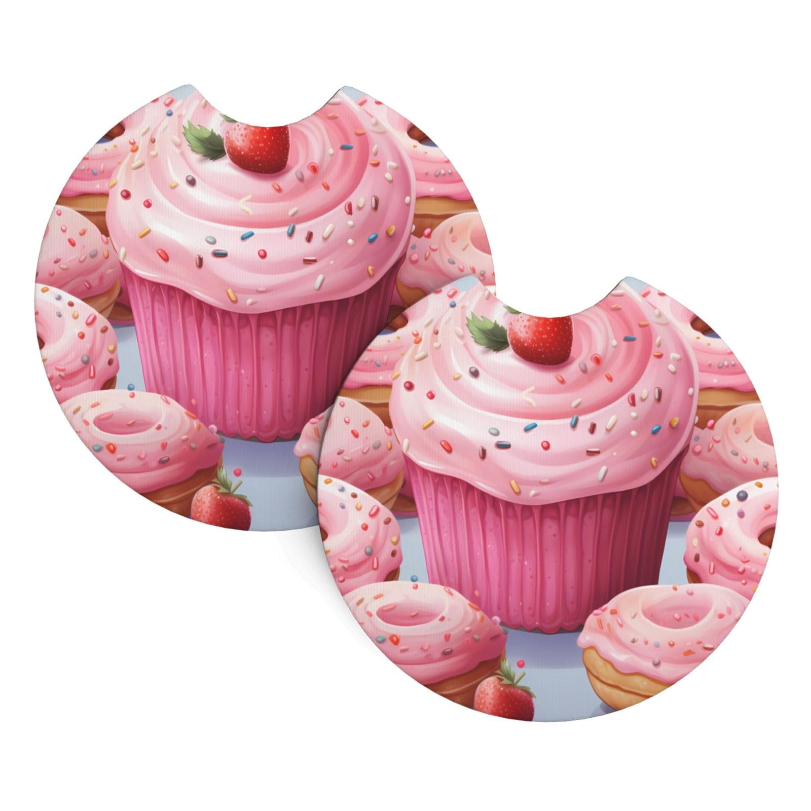 2 Pack Car Coaster for Cup Holders Pink Donut and Cupcake Car Cup Coaster 2.7" Neoprene Non-Slip Automotive Cup Mat Universal Auto Car Interior Accessories for Women Men Cup Pad