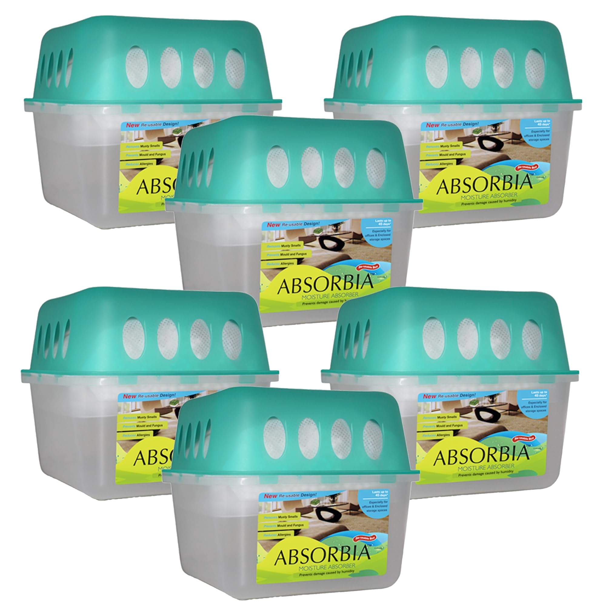 Absorbia Moisture Absorber | Absorbia Refill Pouch for Reusable Box - Pack of 6 (800ml Each) | Dehumidifier for Larger Areas Rooms| Fights Against Moisture, Mould, Fungus Musty Smells