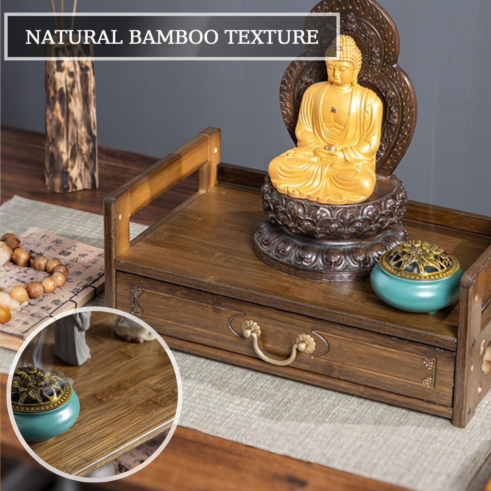 Scrivania da meditazione con cassetto – Tavolo da altare in noce per casa puja e conservazione spirituale, ideale per preghiera e serenità