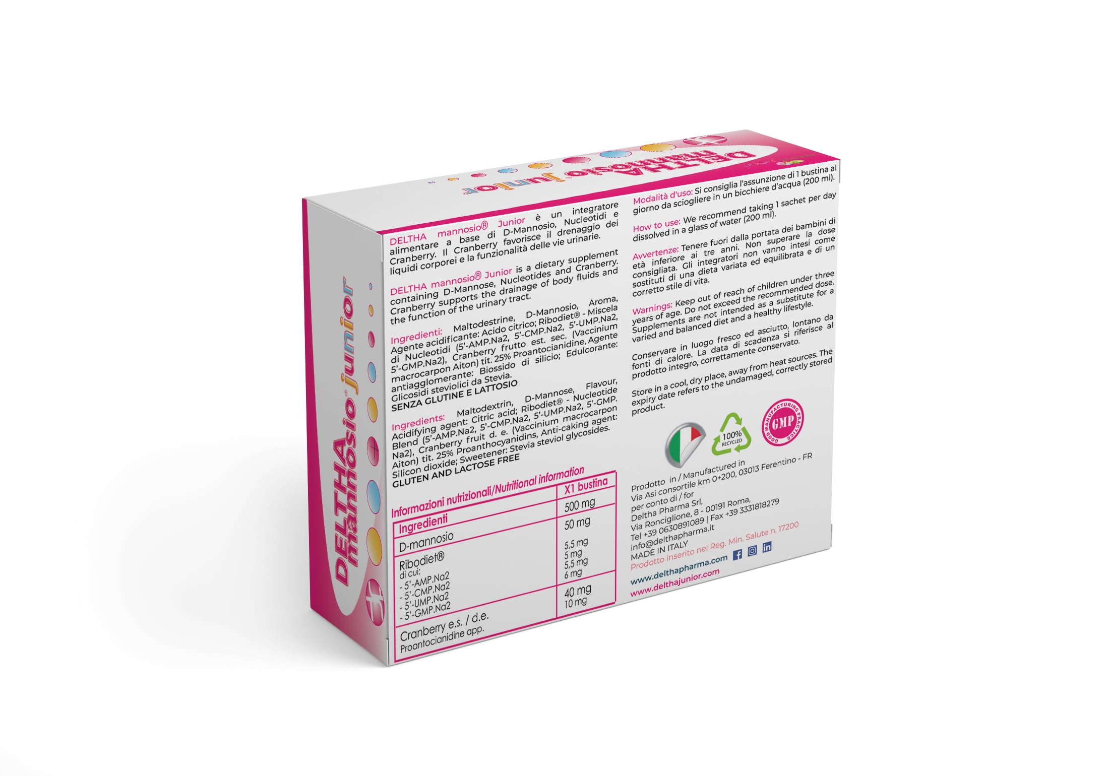 DELTHAmannosio Junior D Mannosio alto dosaggio 500mg Mirtilli rossi e nucleotidi purificati Made in Italy per le vie urinarie dei bambini