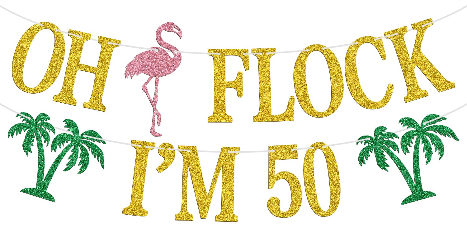 Aloha 50 Banner - Hawaiian 50th Birthday Decor, Tropical Luau Party Decorations Gold Green Glitter - View #6