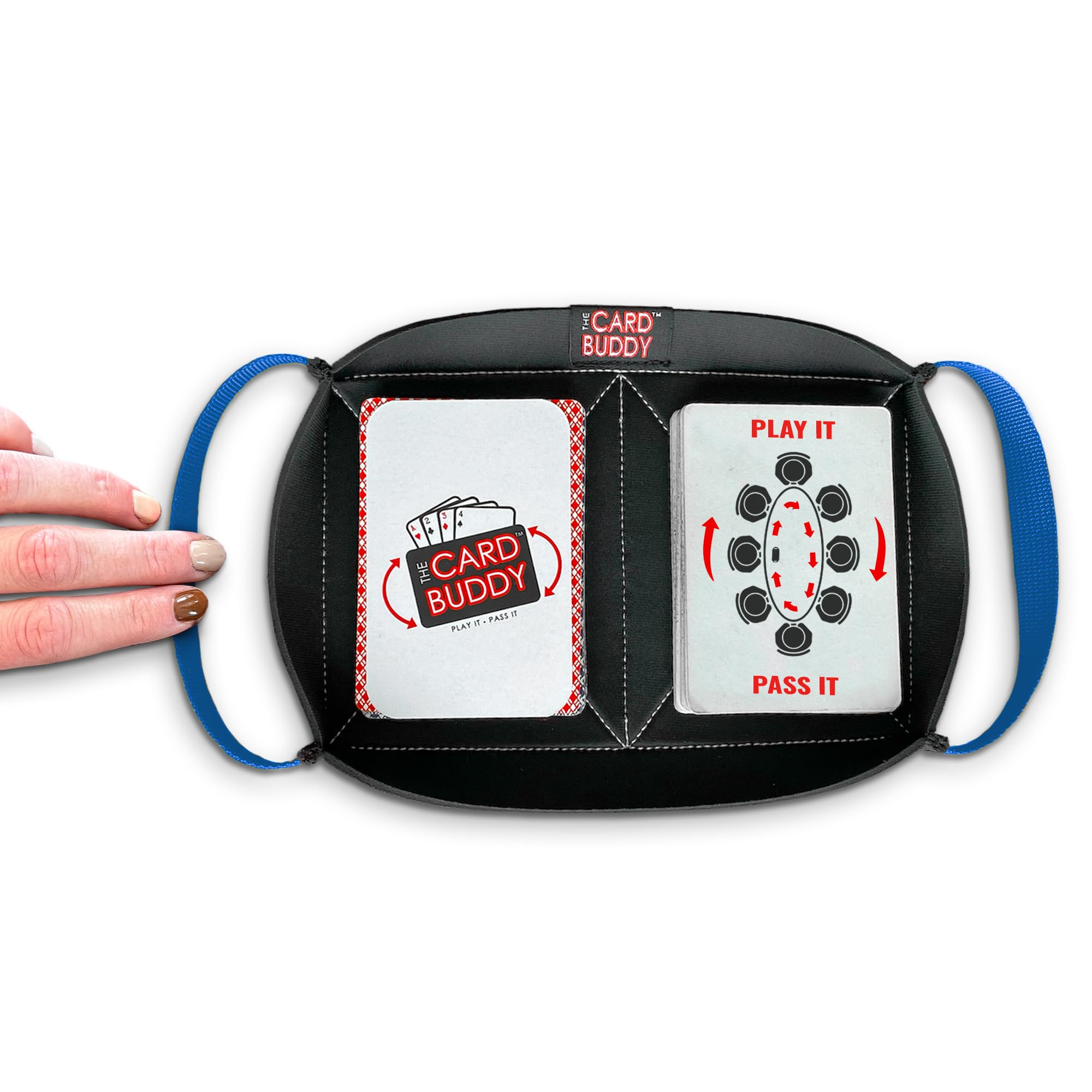 Playing Card Holder for Adults & Kids with Nylon Straps - Neoprene Card Tray for Games - Holds Various Deck Sizes - Used for Uno, Go Fish & More - Portable and Lightweight (Blue)