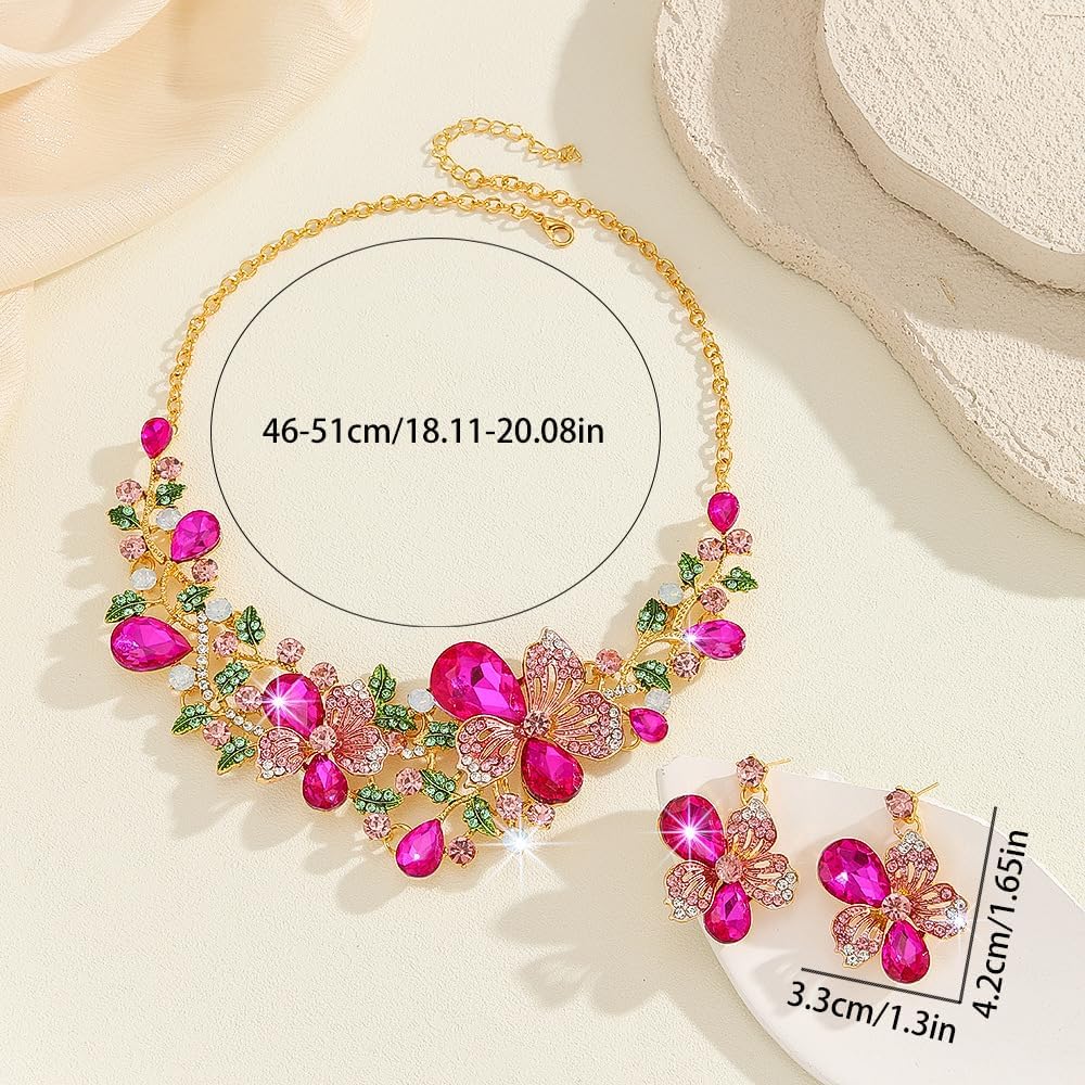 Missgrace Retro Indian Green Colorful Rhinestones Flower Bridal Wedding Jewelry Sets Crystal Pink Choker Necklace Earrings Set Prom Chunky Floral Bar Party Dainty Necklace Earrings for Women - Image 6