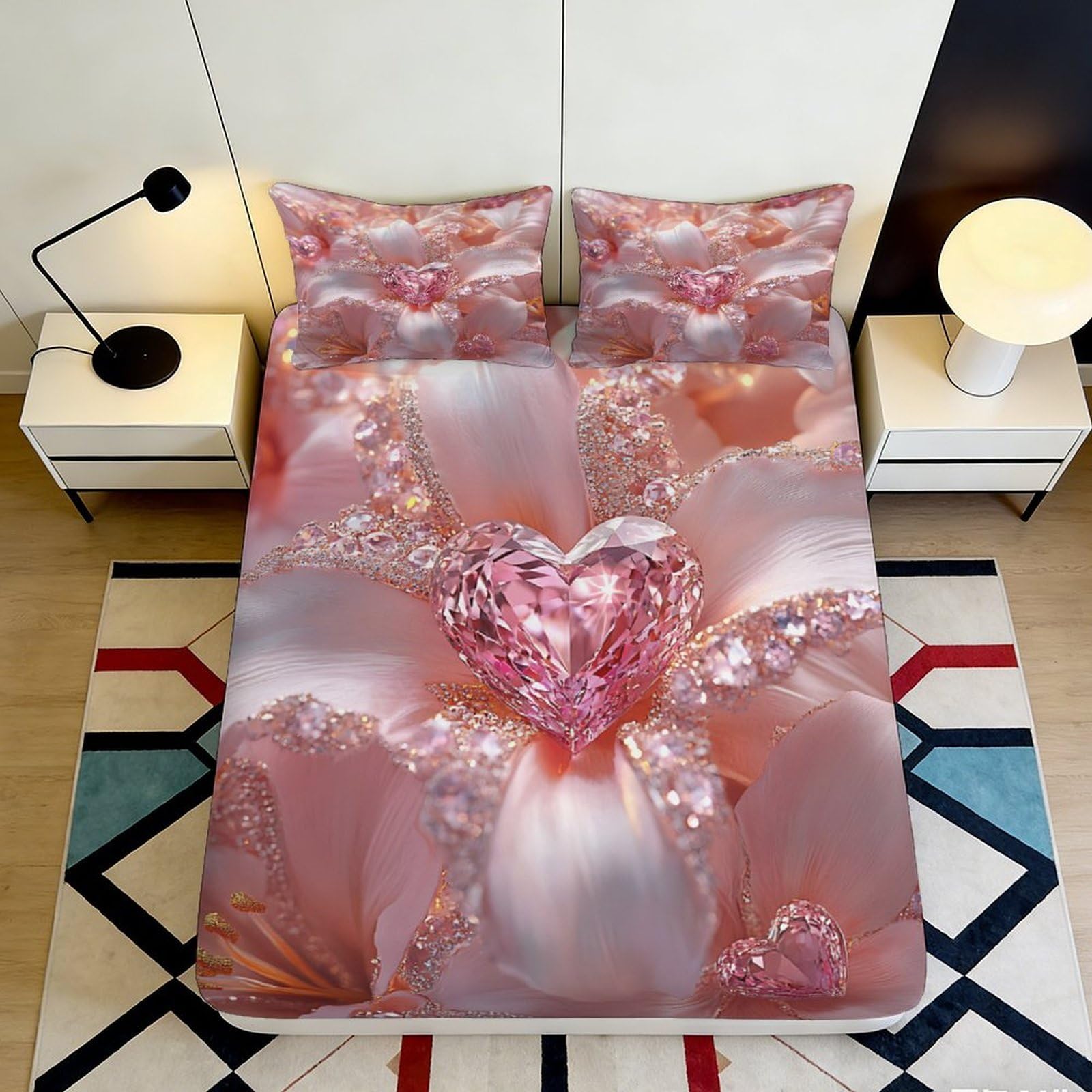 3D Printed Crystal Heart Petal Fitted Sheet Microfiber Deep Pocket Non-Slip Bedroom Bedding Crystal Heart Mattress Fitted Cover Washable 90x200x25cm