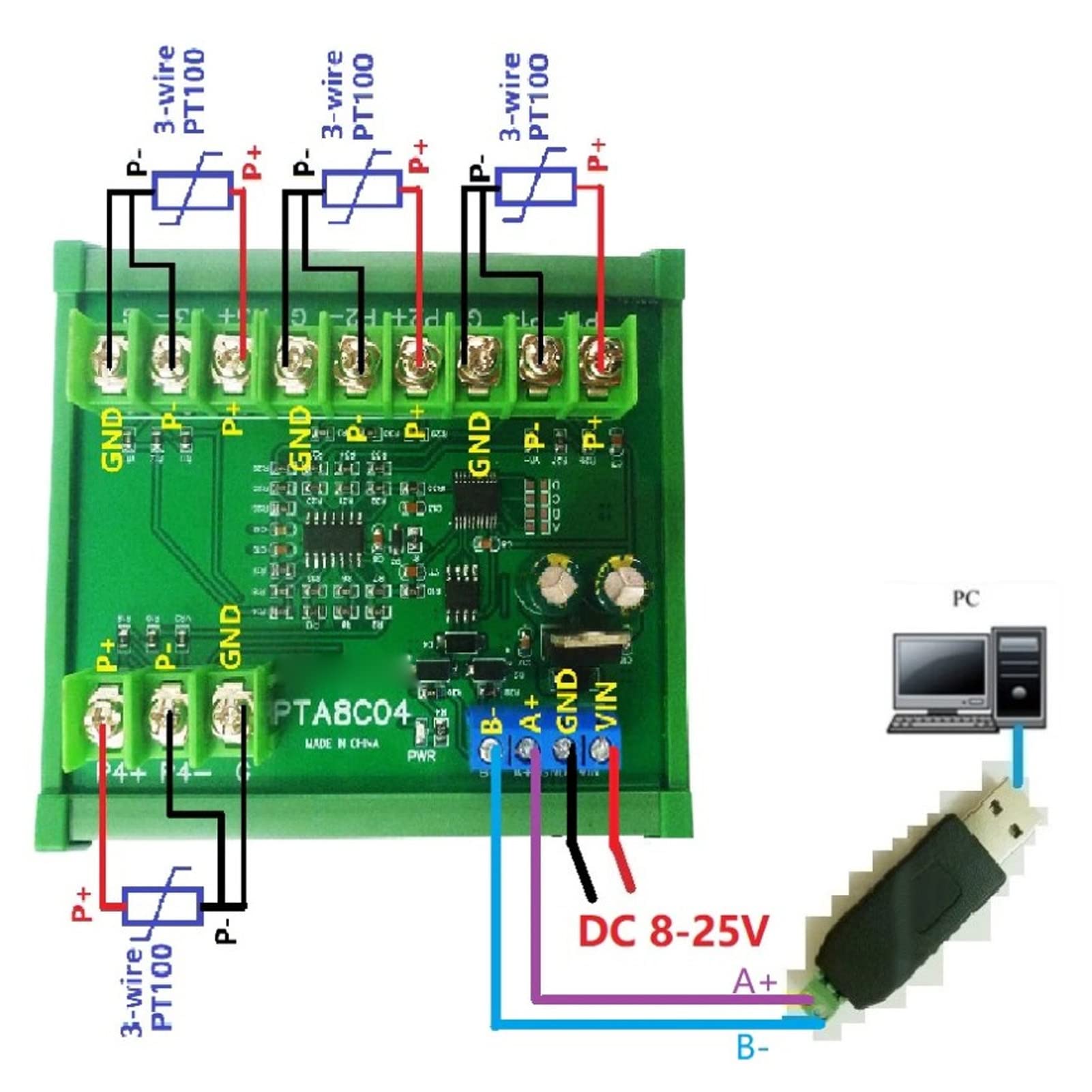 PT100 Capteur de Température RTD 4 Canaux Haute Précision Module Acquisition Stable Modbus RTU 24 bits -200℃ à 650℃ pour Automatisation Industrielle avec Rail DIN DC24V
