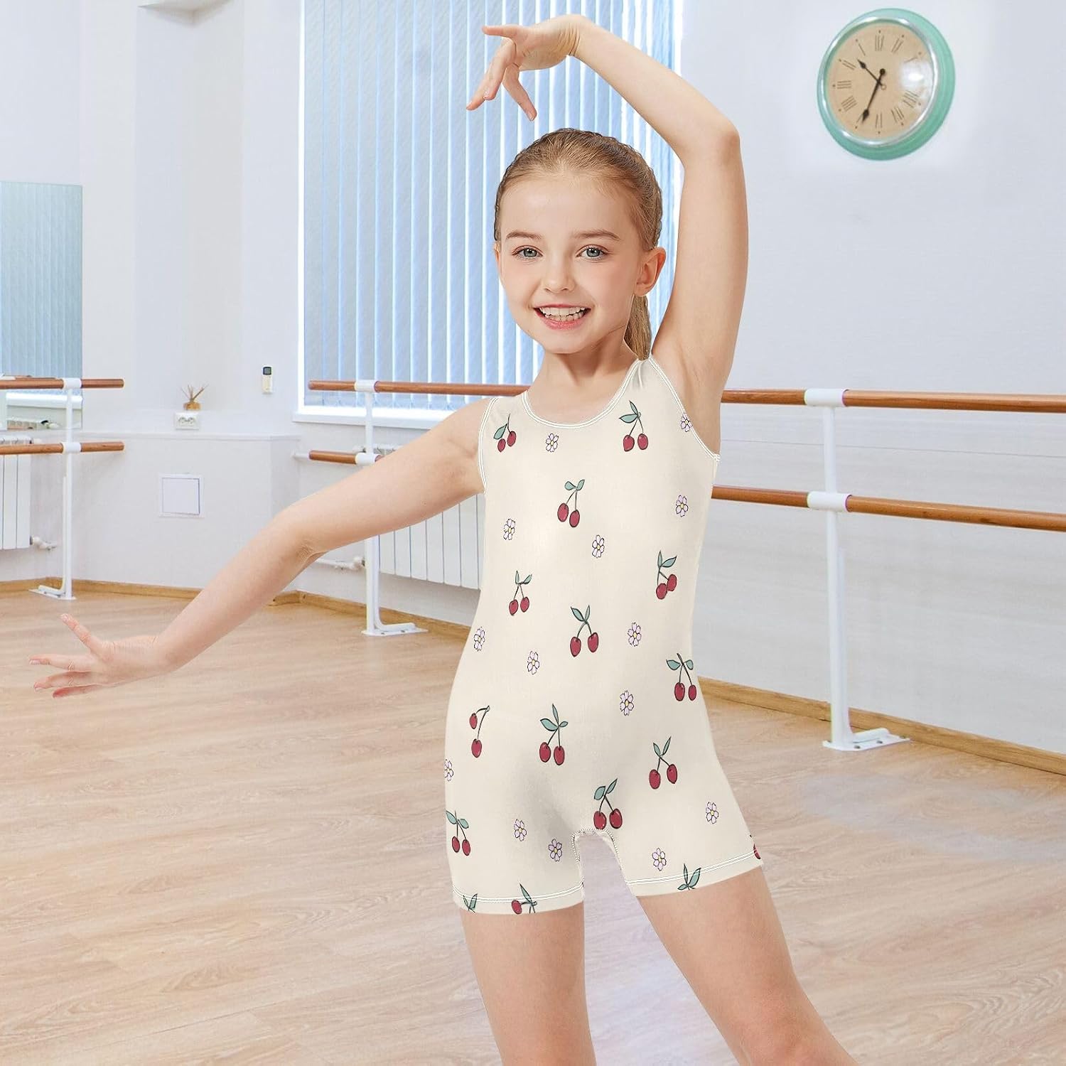 SUABO Girls Gymnastics Leotards White Pink Floral Pattern Cute Kid Dance Outfit 2-10T