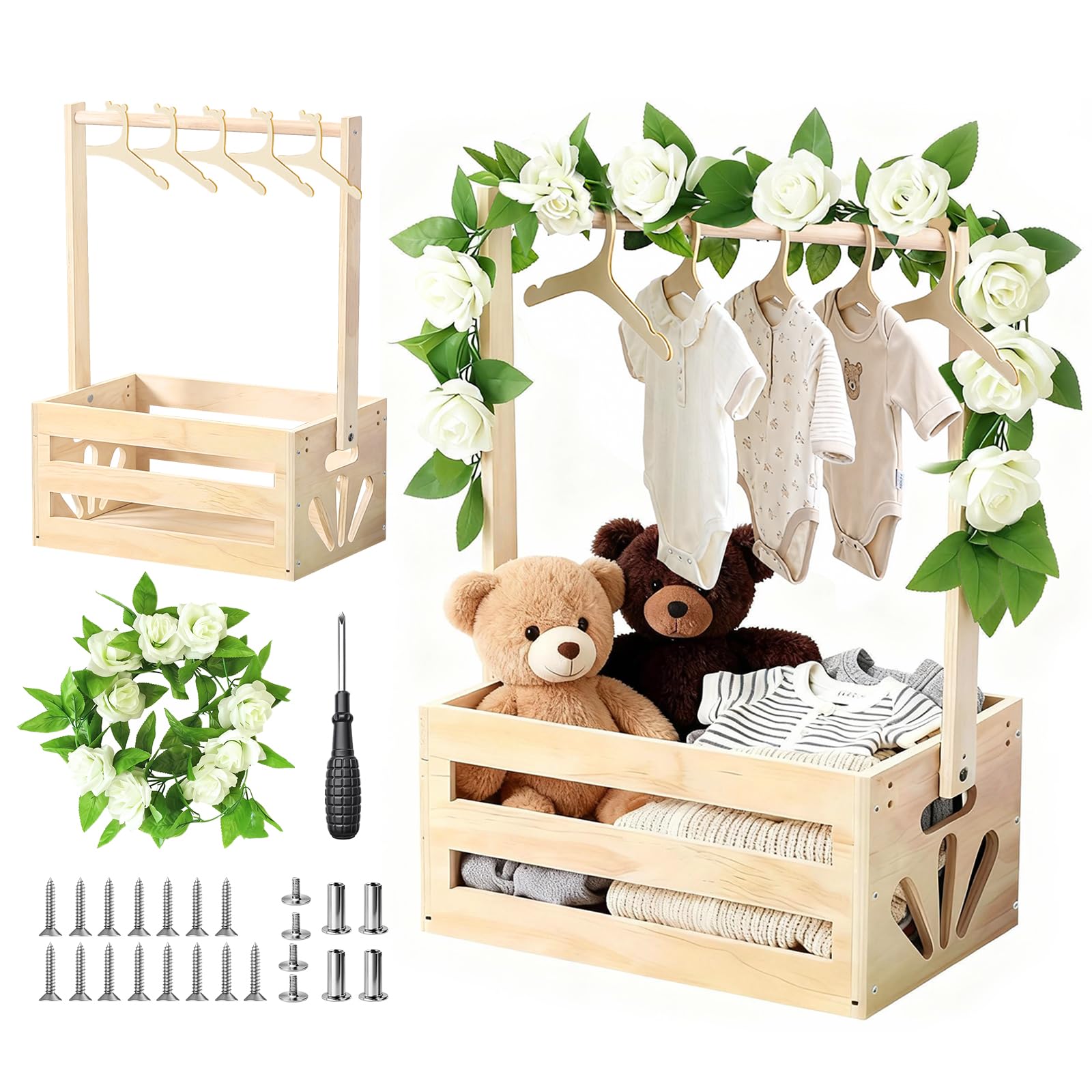 Cesto Nascita in Legno con 6 Appendiabiti e Ghirlanda Floreale | Set Regalo Completo con Cestino e Decorazione per Neonati