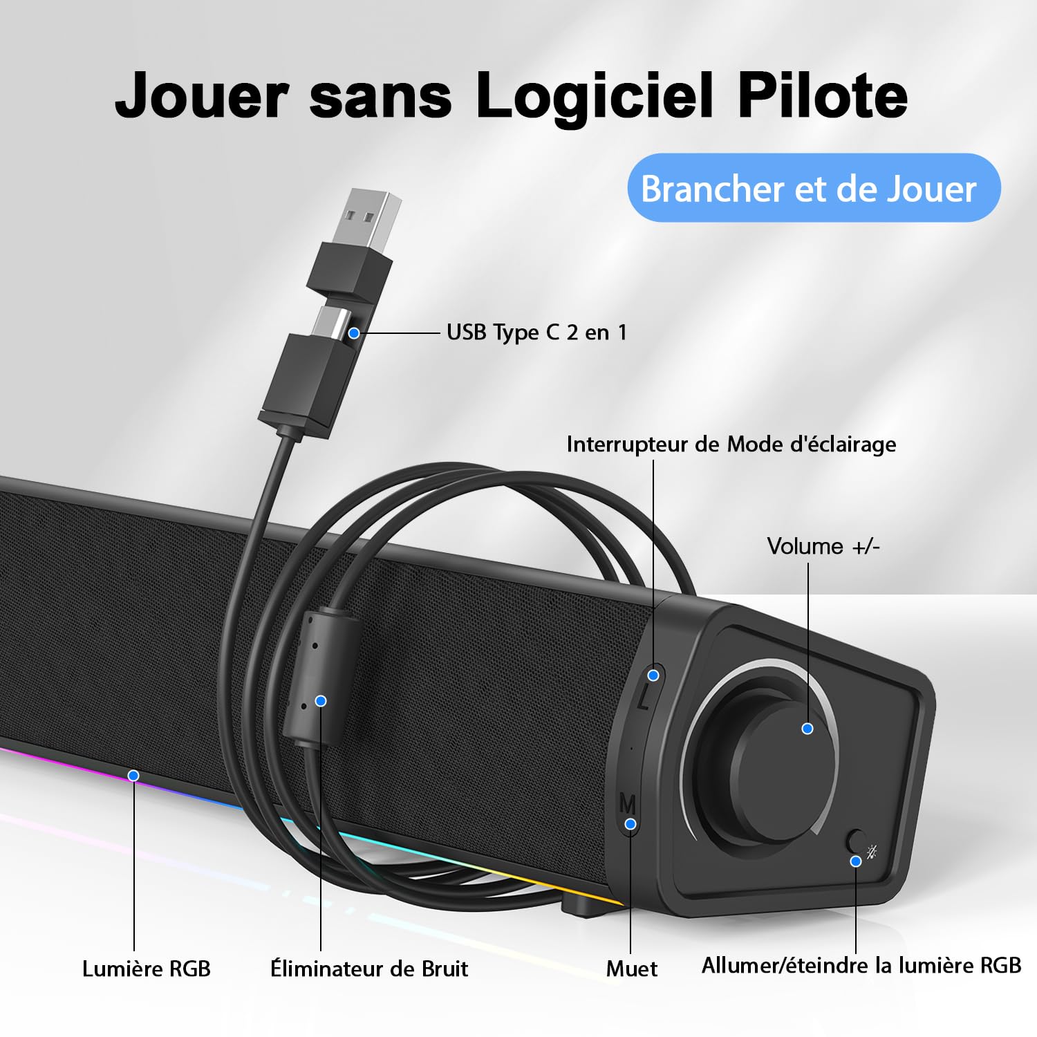 ZETIY Enceinte PC RGB, Barre de Son USB pour Ordinateur, Haut-Parleur Gaming Filaire avec Prise Jack 3.5mm, Son Stéréo pour PC de Bureau, Laptop, Tablette et Smartphone