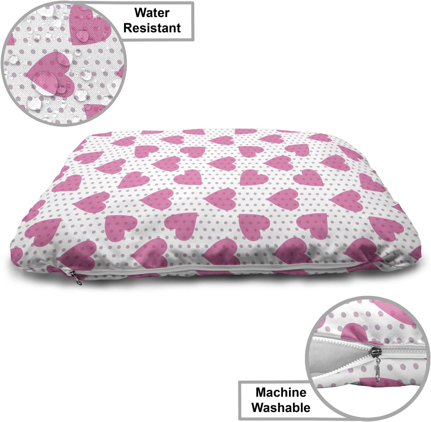 review Lunarable Romantic Pet Bed, Pinkish Hearts on Polka Dots Valentines Day Youth Birthday Celebration, Chew Resistant Pad for Dogs and Cats Cushion with Removable Cover, 24