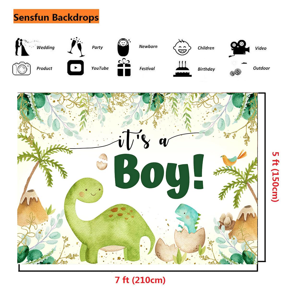 Dinosaurier Babyparty Hintergrund – „It's A Boy“ Mit Grünen Eukalyptusblättern, 210x150 Cm