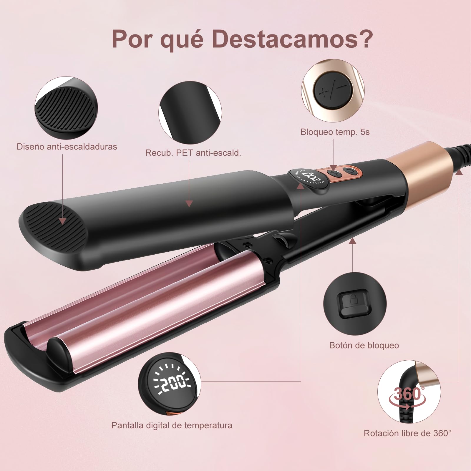 AISEELY Rizador de Pelo Ondas, 20 MM Plancha Ondas Pelo, 5 Temperatura Ajustable 120℃ y 200℃, PET Anti-Escaldaduras, Mini Ondulador de Pelo Portátil, Plancha Ondas para Principiantes - Negro
