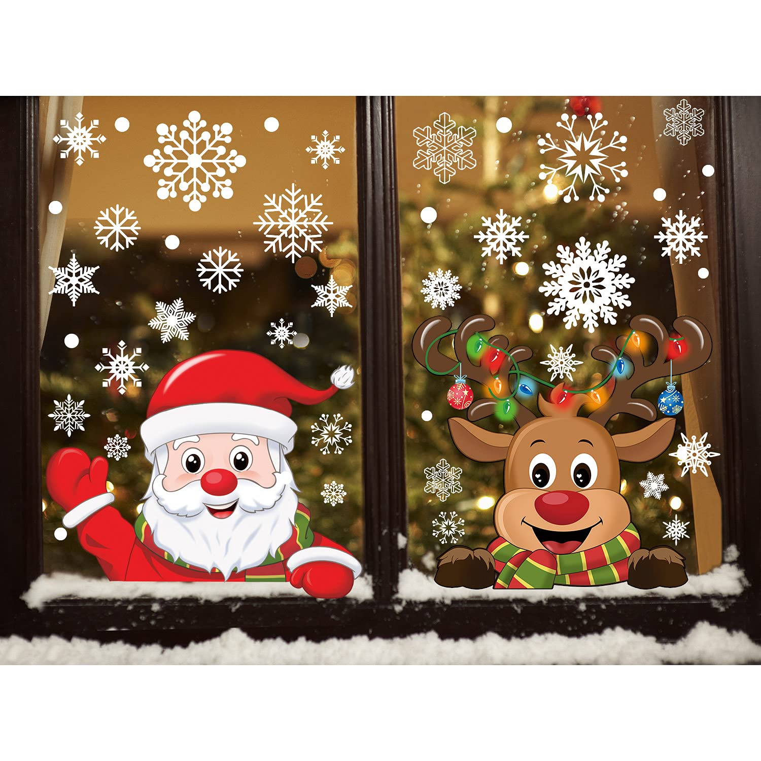 Yuson Girl Reusable 358pcs Snowflakes Peeping Santa Rudolph Reindeer Christams Wall Window Stickers Clings Door Cover Removable Wall Decal Mural Xmas Christmas Home Shop Store Window Decorations