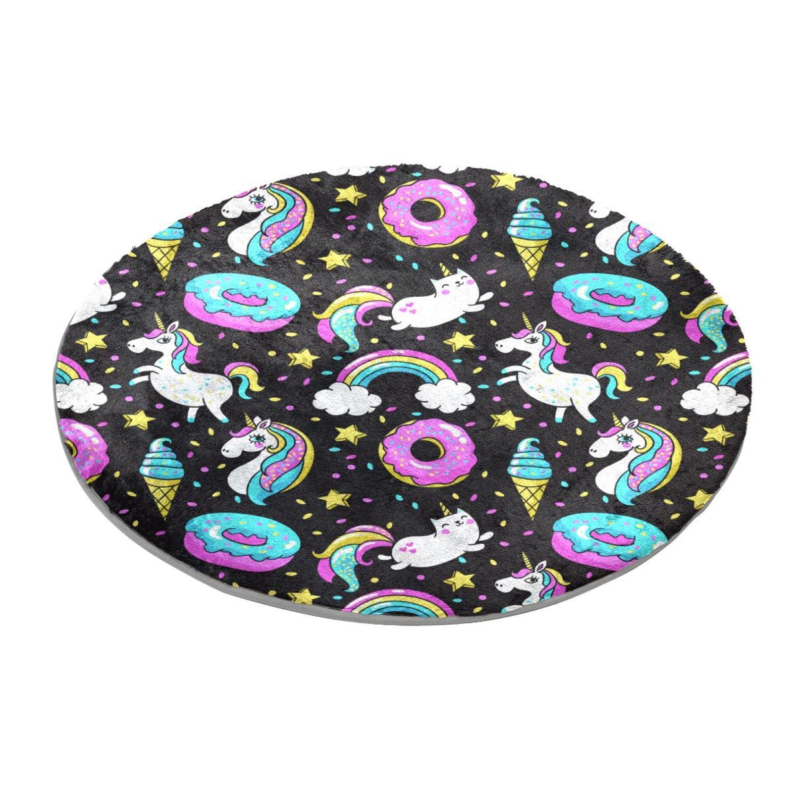 Tapis rond chambre enfant motifs licorne et chat arc-en-ciel