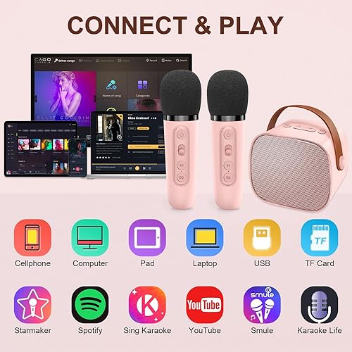 Miniatura 2 de Mini máquina de karaoke con 2 micrófonos inalámbricos para niños y adultos, juego de altavoces Bluetooth portátiles DYTIMEEM para fiesta de