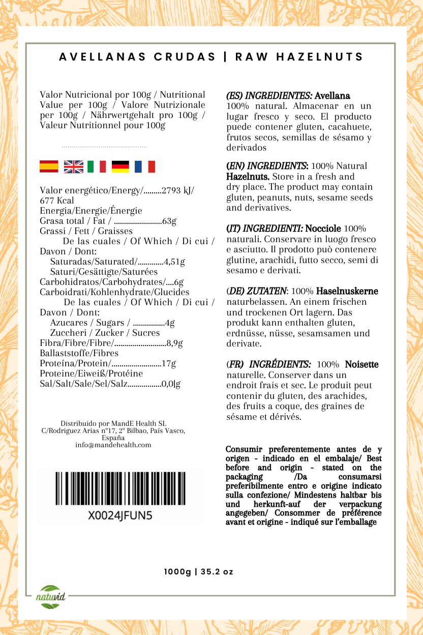 Avellanas Crudas Enteras Natuvid 1Kg | 100% Naturales | PREMIUM | 100% Keto | Veganas y Vegetarianas | Sin Sal