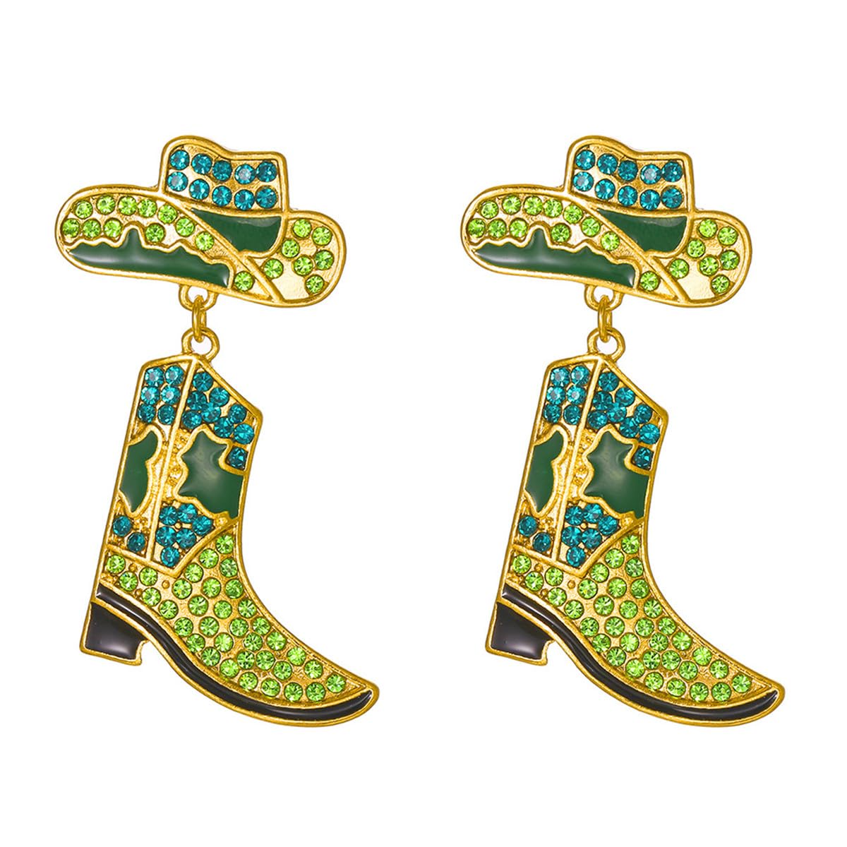 GAUEIOUR Western Cowboy Hat Boots Earrings,Nicely Designed Alloy Oil Drop Diamond Earrings, Fashion Personalized Temperament Earrings,Sparkling Country Girl Crystal Earrings(Green)