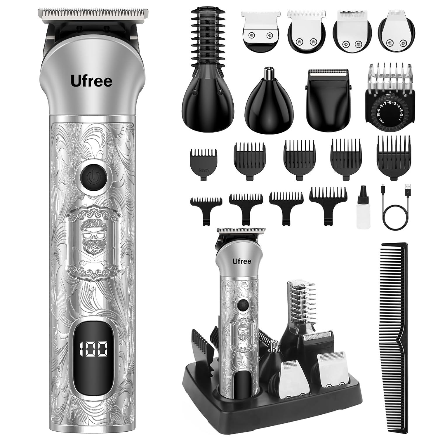 ufree beard trimmer for men, 7 in 1 electric shavers razor, cordless hair trimmer, men's grooming kit for body hair, nose, face & mustache, birthday gifts for men, husband father silver