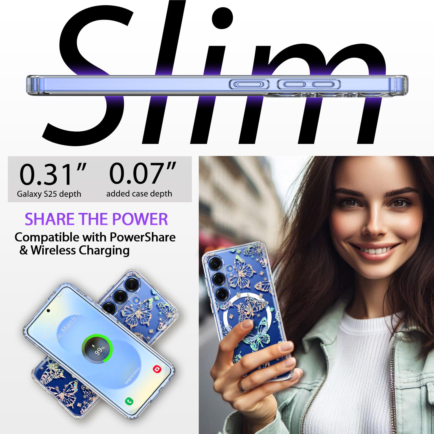 Funda magnética para Samsung Galaxy S25 Plus, compatible con MagSafe, bonita para mujeres y niñas, funda protectora de grado militar de 10 pies para Galaxy S25 Plus, funda con purpurina,