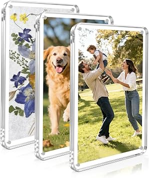 3 Pack Magnetic Acrylic Picture Frames for Fridge, 46 Inch Photo Frames for Refrigerator, Double-Sided Clear Acrylic Photo Frames, Thicker Frame Design for Home, Office & Dorm, Rounded Corner