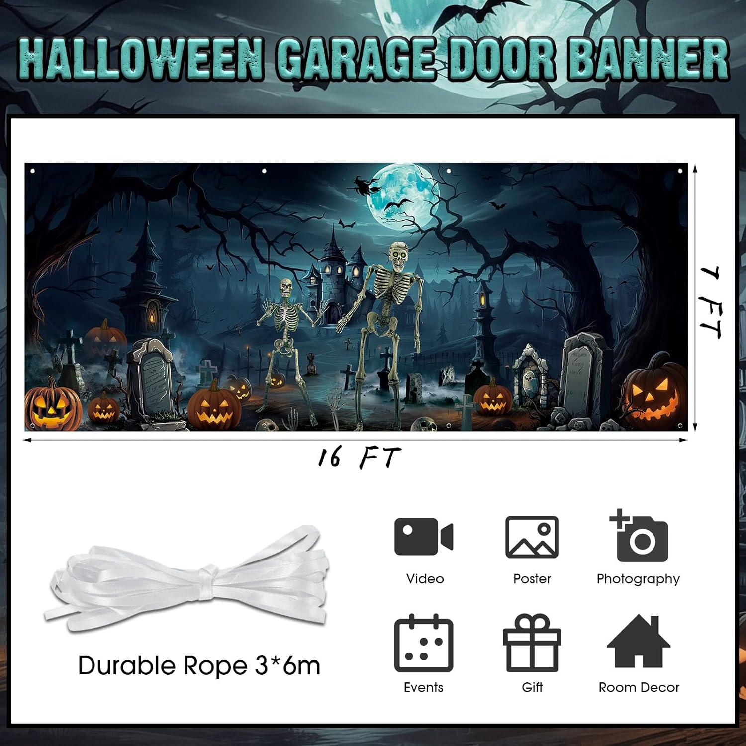 Blosssound 7x16 FT Halloween Garage Door Cover Spooky Graveyard Scene with Skeletons, Pumpkins & Haunted Buildings Outdoor Scary Backdrop Decoration for Yard, Porch, Party, Photo Booth