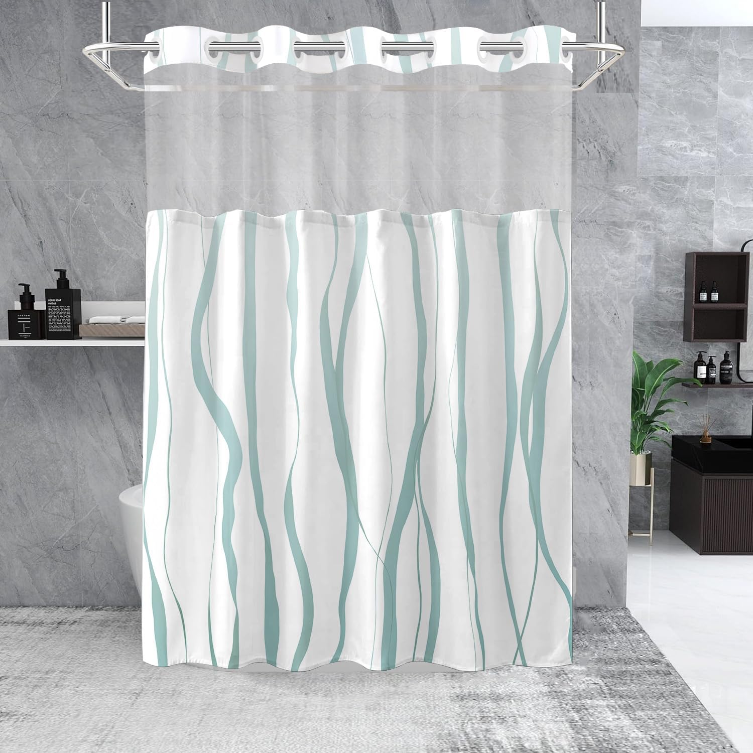 No Hook Shower Curtain with Snap in Liner Set, Teal and White Striped Design, Waterproof Washable Fabric Hotel Shower Curtains for Bathroom Decor with See Through Mesh Top Window 71x74 Inch