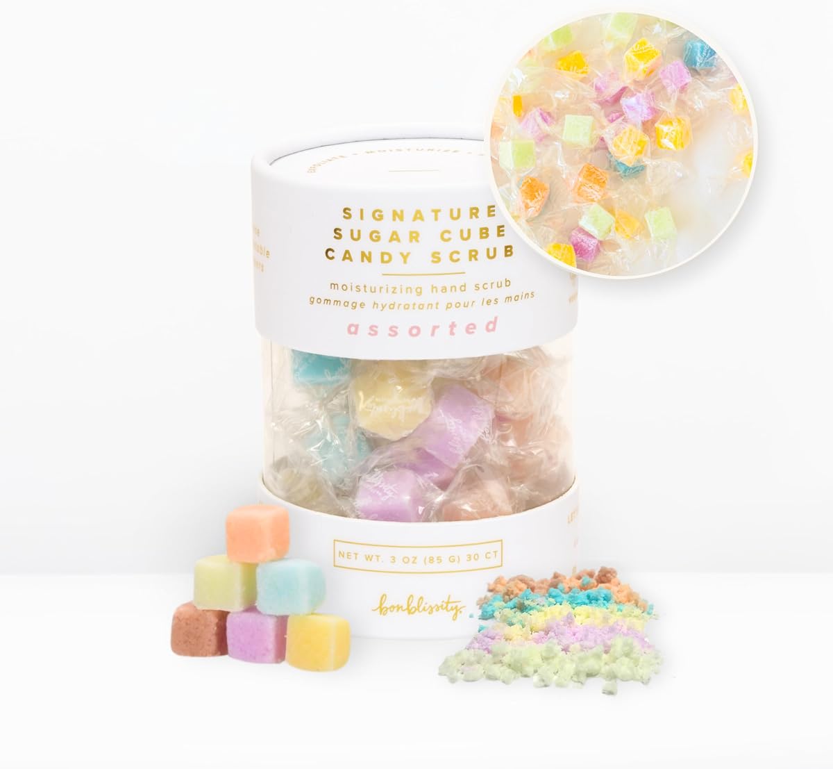 Bonblissity Sugar Cubes Candy Scrub, 30 piezas de aromas variados, set de regalo de spa | Suave para manos, pies, cuerpo, exfoliante que se convierte en lociones, tamaño de viaje, hidratante, todo tipo de piel, ingredientes naturales