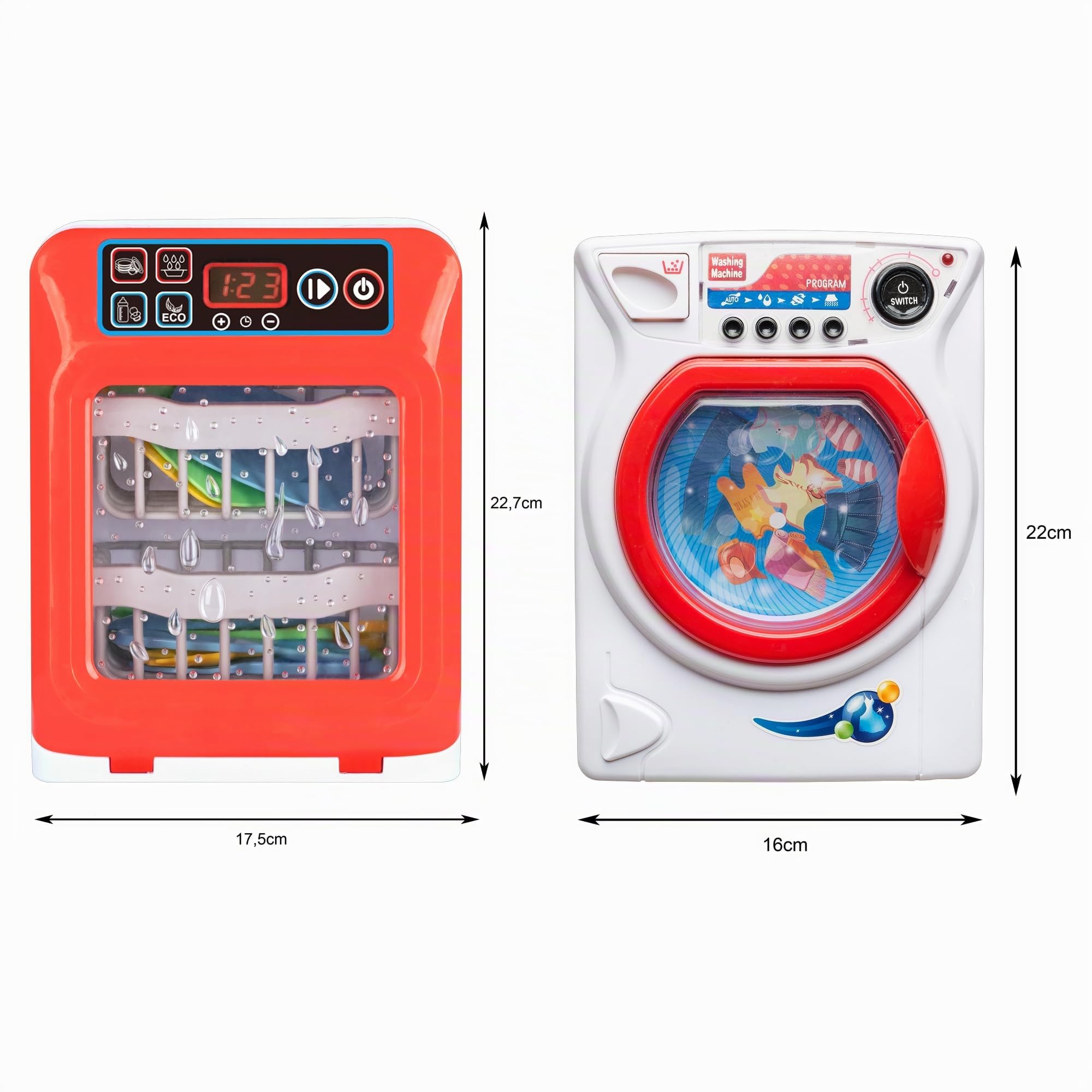 Idena 90377 - Lavastoviglie e Lavatrice con Effetti Luminosi e sonori, Set di Gioco per Bambini con Tante funzioni e Accessori