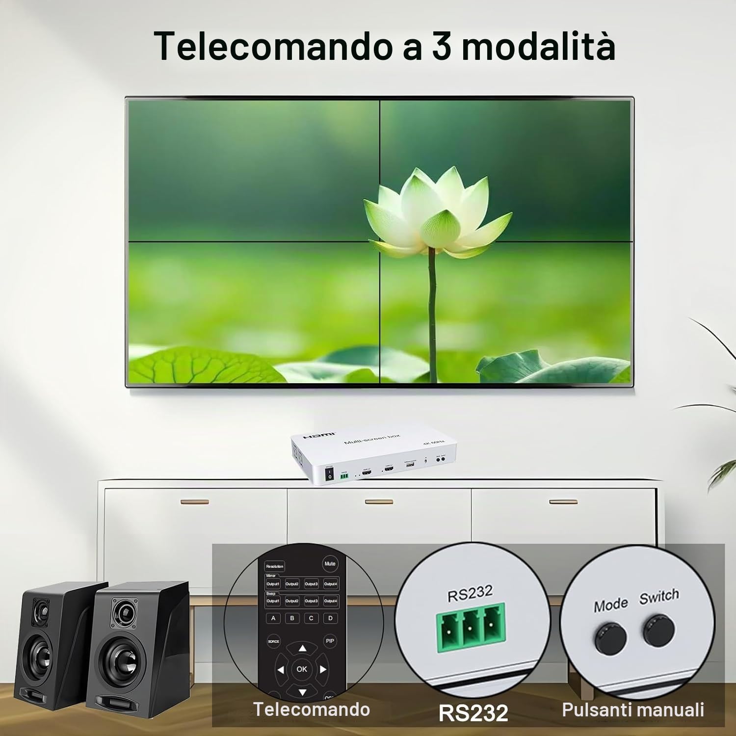 Video Wall Controller 2x2 4K60HZ,HDMI 2.0 TV Wall Controller, Support 3840x2160@60Hz Inputs 4 Output Wall TV, 2x2 1x2 2x1 1x3 3x1 1x4 14 modes,remote&RS232 control,with Out Audio & Memmory Function