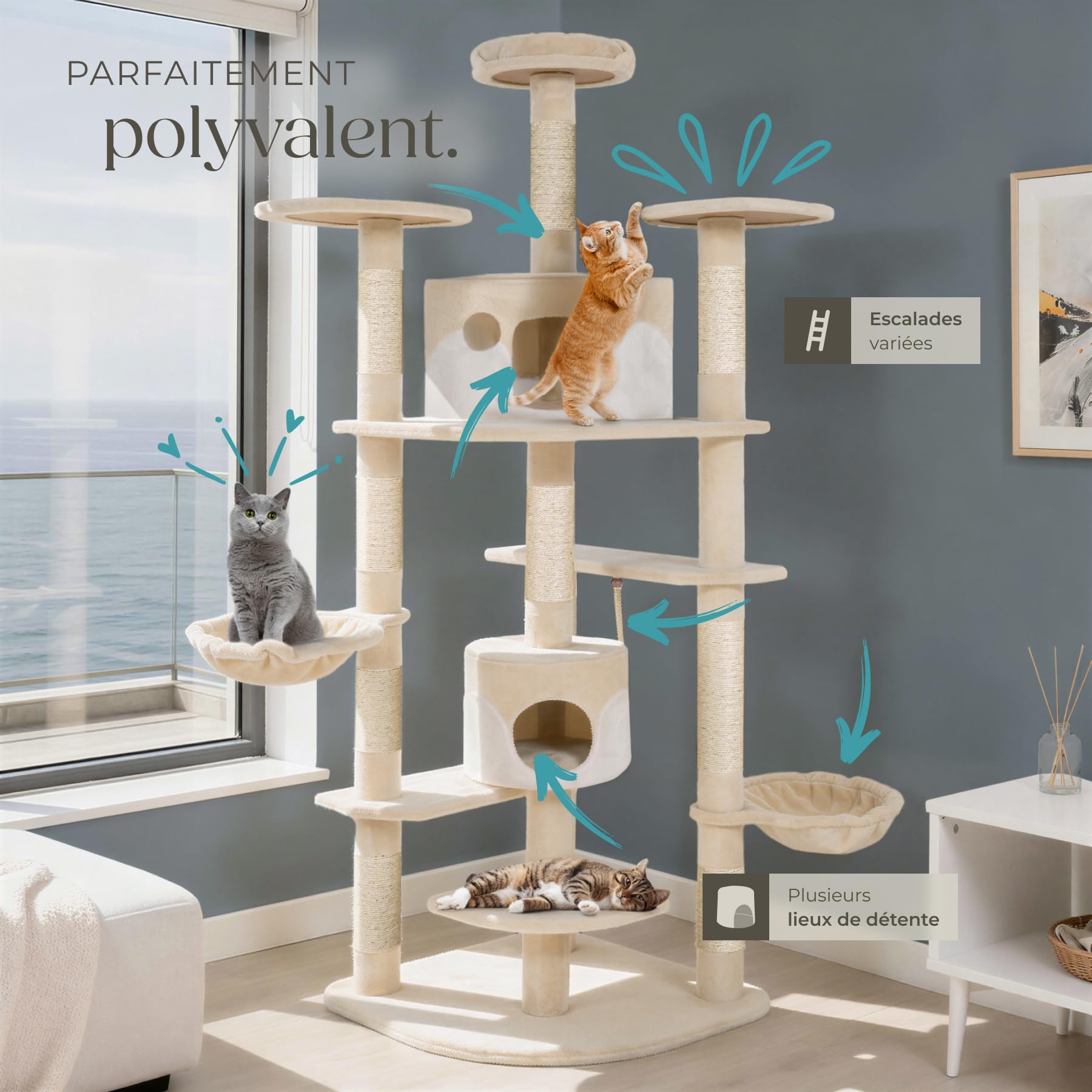 tectake® Arbre à Chat XXL Griffoir pour Chat en sisal H201 cm, Maison pour Chats Accessoire Chats avec Grattoir Niche Couchage Hamac Panier Lit