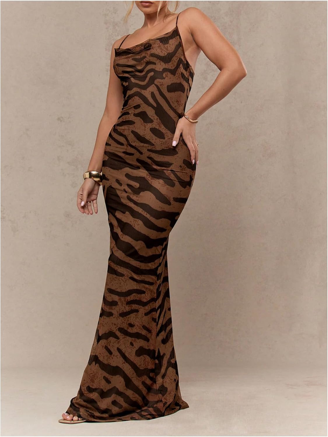 GORGLITTER Women's Animal Zebra Tiger Print Maxi Dresses Y2K Cowl Neck Beach Vacation Summer Cocktail Formal Sundress - Image 4