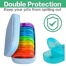 Serfeymi Weekly Travel Pill Organizer 2 Times A Day AM PM Upgraded Rainbow Pill Box 7 Day with Portable Zipper PU Leather Pill Case, Medicine Organizer for Pills, Vitamins, Fish Oils - Blue 01