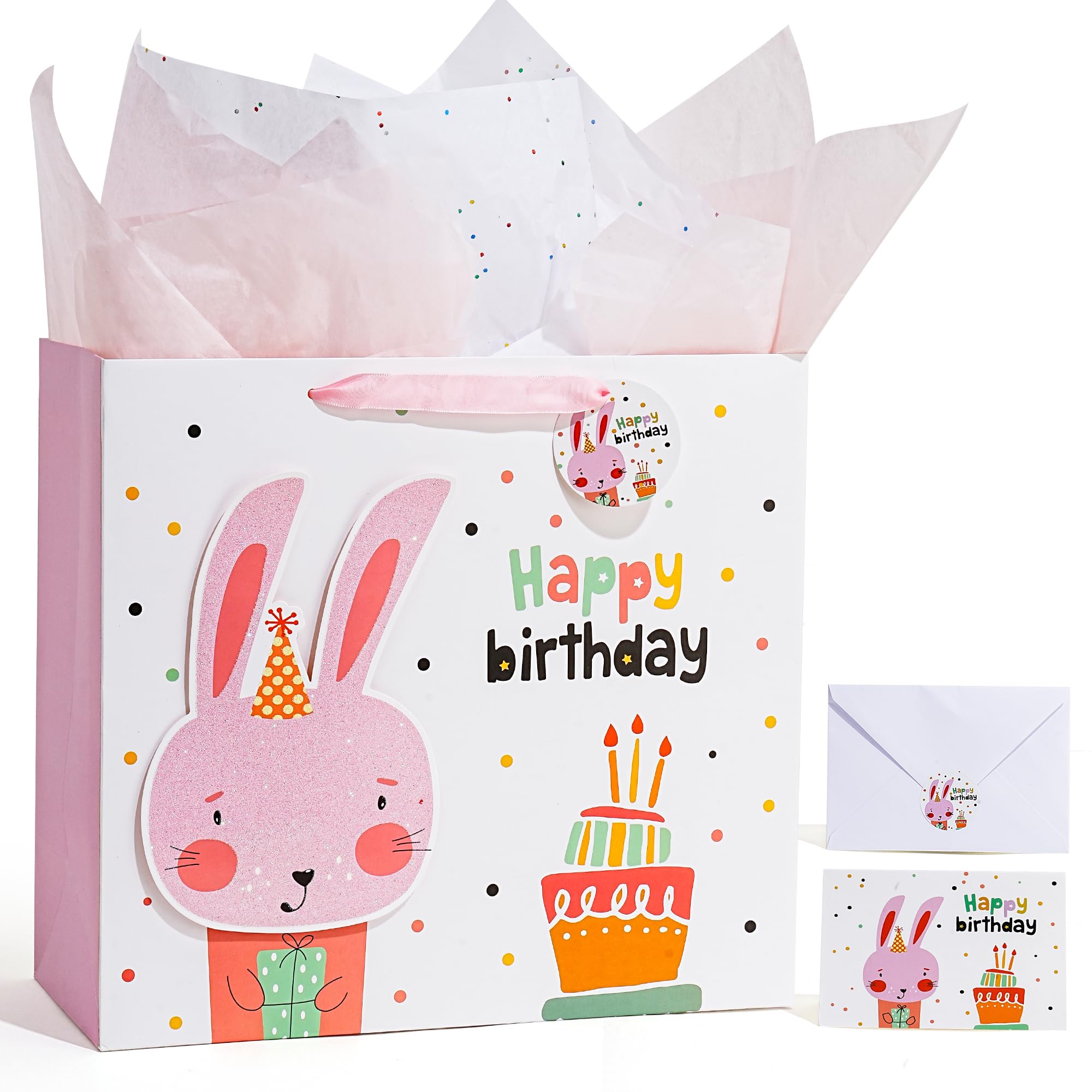 Enfoldia 35cm Large Pink Bunny Happy Birthday Gift Bag for Girls with Greeting Card Tissue Paper 3D Making Glitter Rabbit Design Gift Wrap Bags for Baby Shower, Kids Birthday Celebration Party