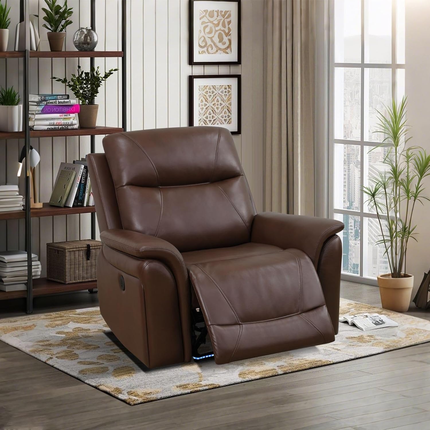 Brown Breathing Leather Recliner Chair Living Room LED Lighting USB Charging