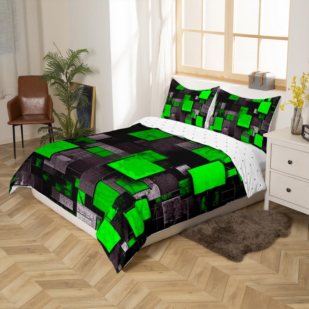 richhome Single Size Geometric Grid Bedding Set Green Black Duvet Cover Abstract Art Comforter Cover Boys Girls Bedspread Cover Kids Bedroom Decor 2Pcs With 1 Pillow Case - Image 3