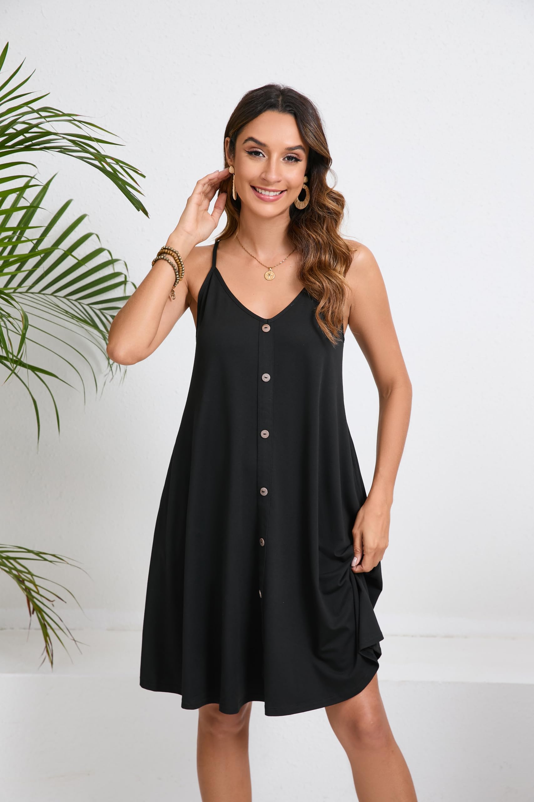Enmain Mujer Vestidos Verano Floral Sin Mangas Vestido de Playa hasta la Rodilla Casual Cuello en V Tirantes de Espagueti Vestidos con Bolsillos para Fiesta Hawai Vacaciones S-2XL