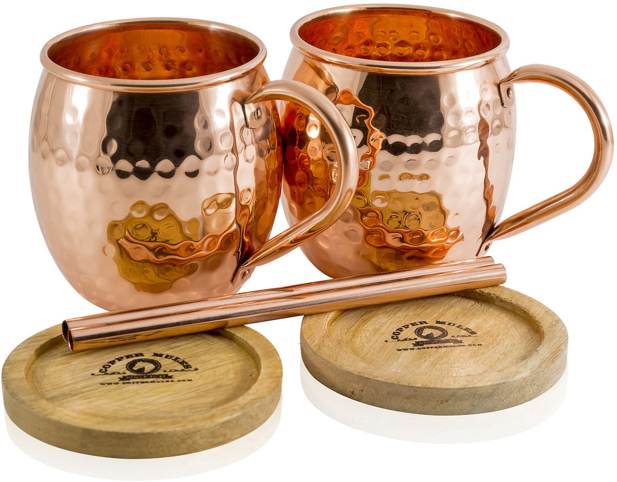 Copper MulesMoscow Mugs Set of 2 – Hand Hammered - Classic Riveted Handles – Holds 16oz