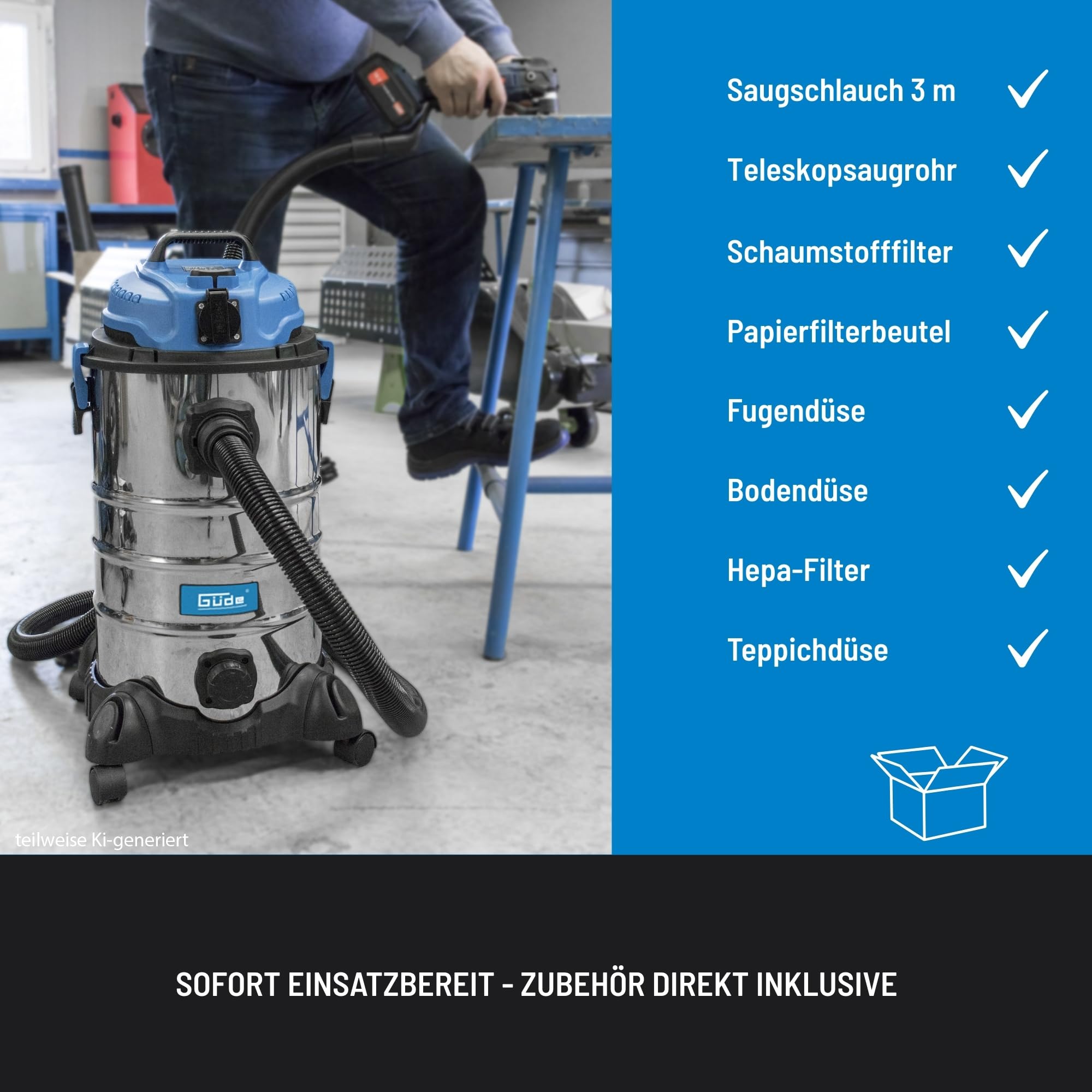 Güde 17002 GNTS Aspirateur NAS 30 L Bleu, Argent