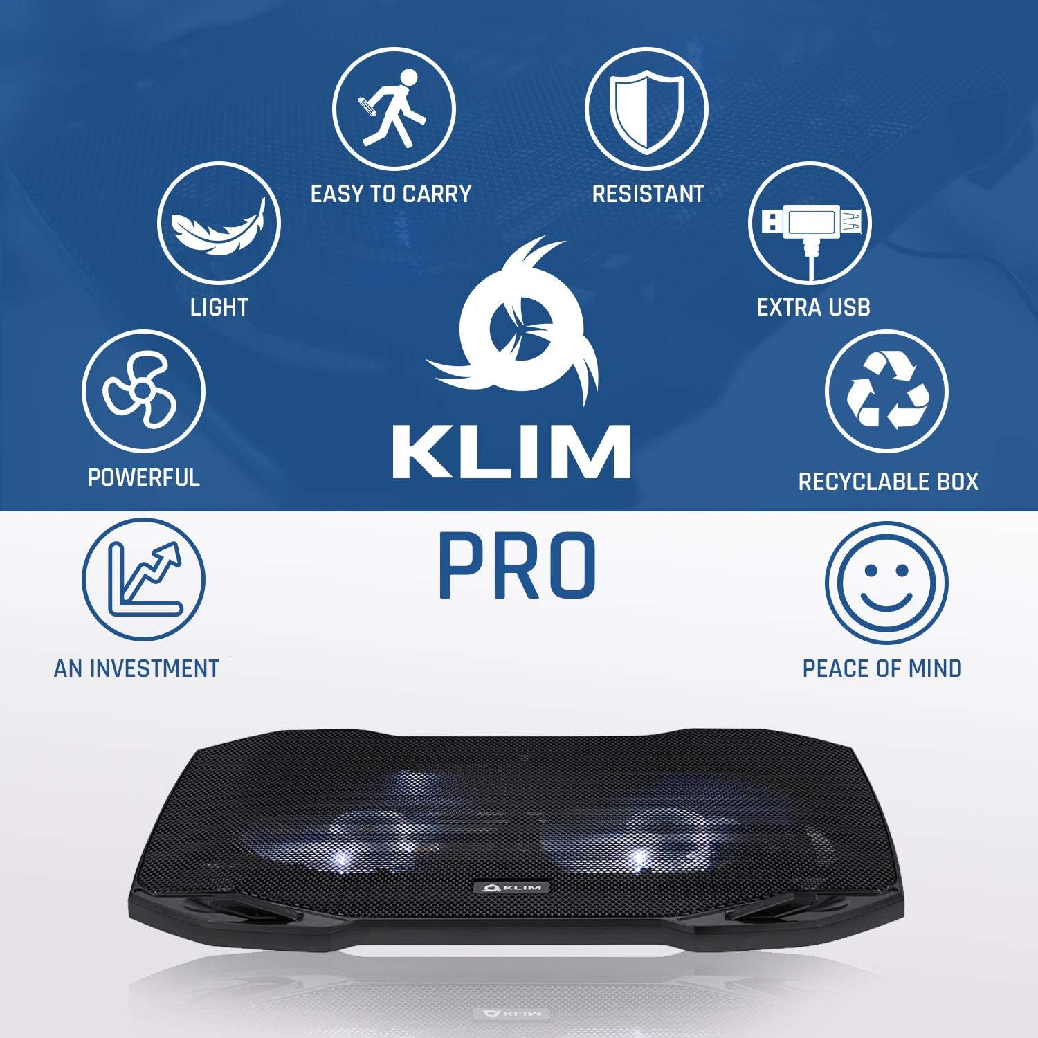 KLIM Pro Laptop Cooling Pad - NEW 2023 - Powerful Rapid Action Laptop Cooler - Sturdy Laptop Stand with Fan - Ventilador para laptop - Portable and Quiet - 2 USB Ports - PC Mac - 10-15.6" -Black/White