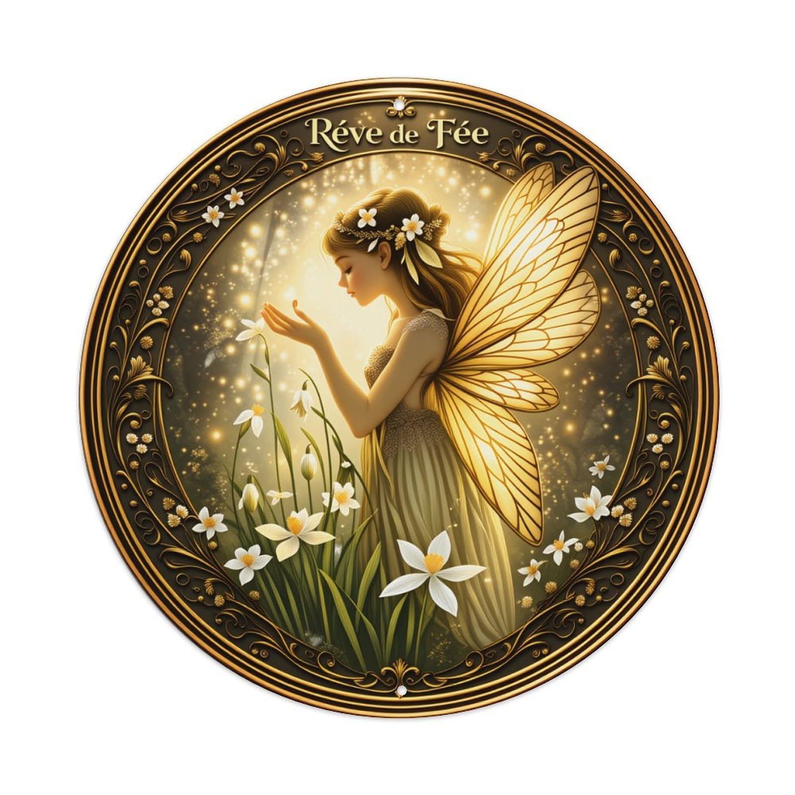 Fairy Dream Flower Wings Light Round Tin Sign Vintage Style Metal Sign Home Bar Garden Wall Plaque Decor Metal Poster 8x8 Inch