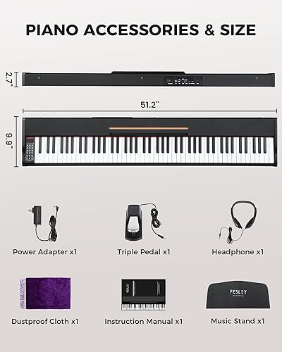 Miniatura 11 de Fesley Teclado de piano semipesado de 88 teclas con soporte, teclado eléctrico de tamaño completo para principiantes, teclado portátil de 88 teclas