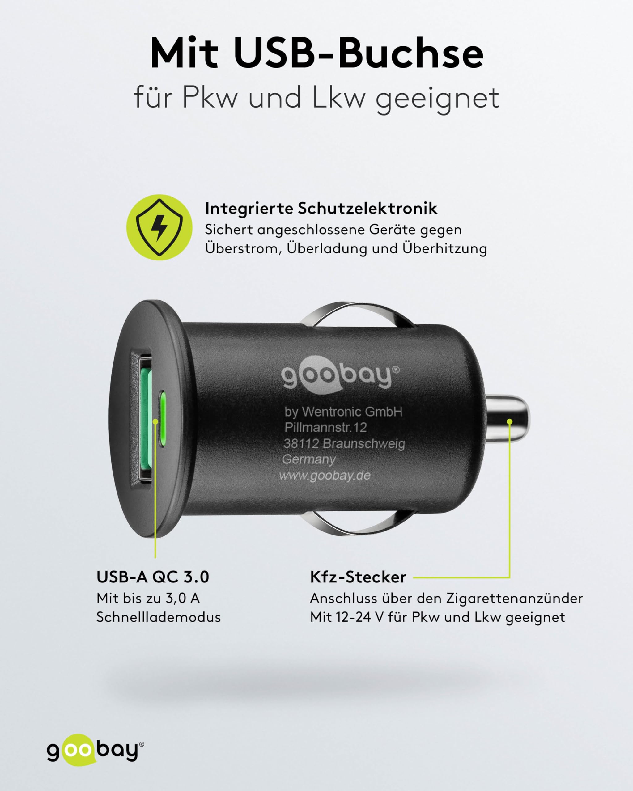 Goobay 45162 Quick Charge Ładowarka Samochodowa - USB do Gniazda Zapalniczki, Adapter 12 V/24 V, Mini Adapter USB Ładowarka Samochodowa Wtyczka do Szybkiego Ładowania 18 W