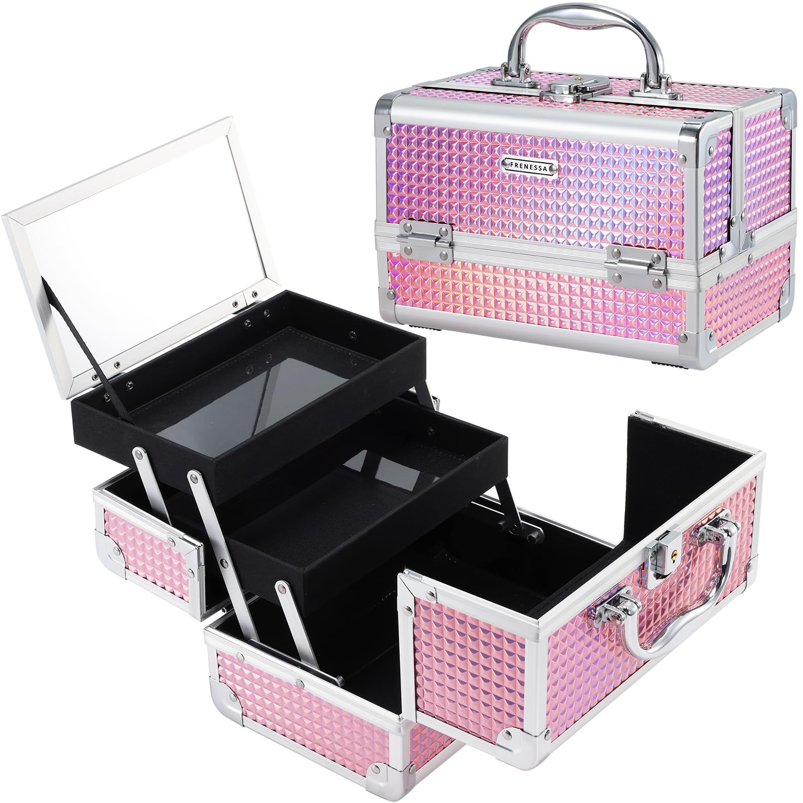 FRENESSA Makeup Train Case Makeup Box Organizer Portable Cosmetic Travel Case Makeup Case with Mirror Locking Make Up Cases Organizers and Storage for Nail Supplies Hard Cosmetic Box Shiny Pink