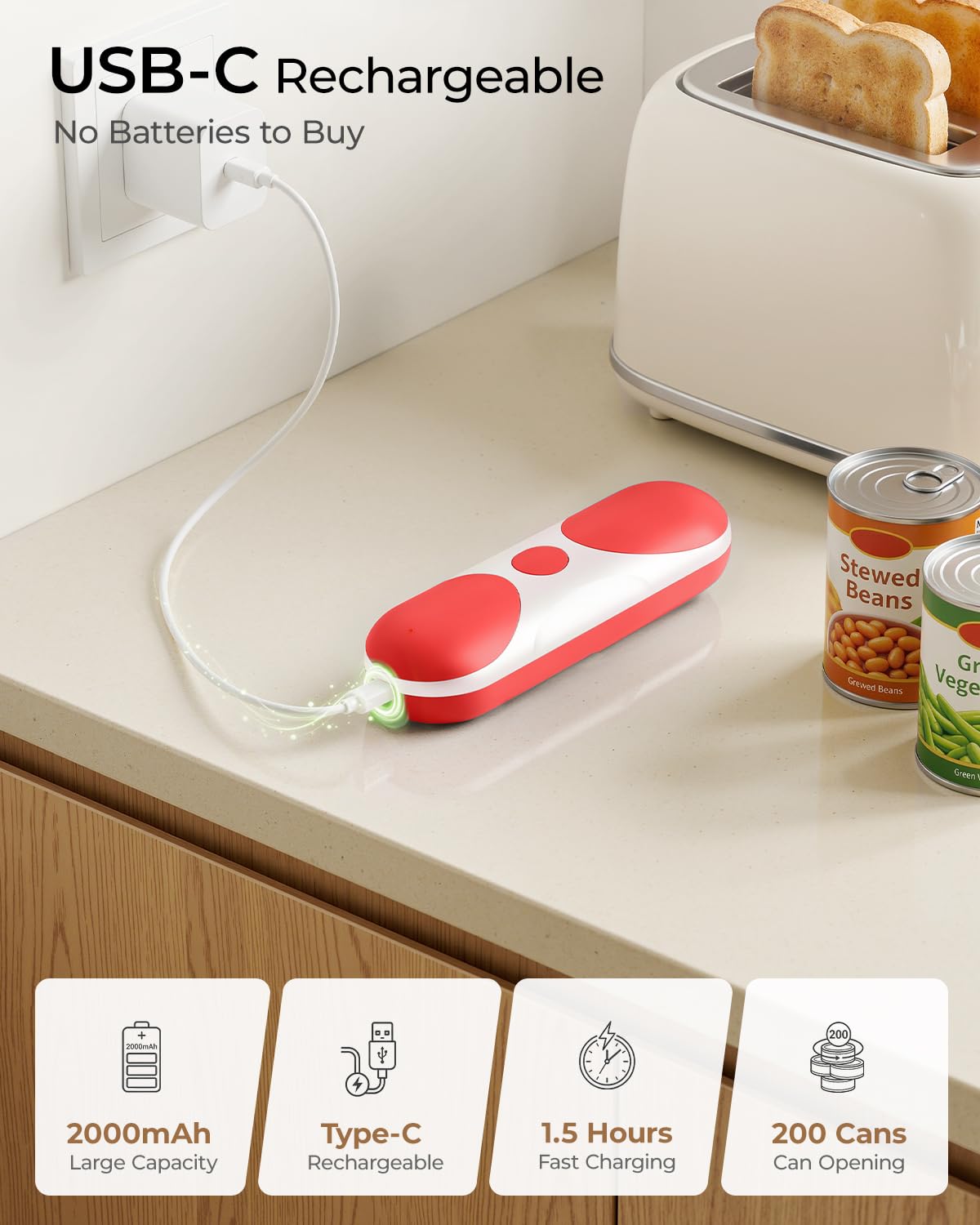 Apriscatole elettrico ricaricabile per cucina per anziani con artrite, alimentato a batteria senza fili, automatico, taglio laterale, bordo liscio, vivavoce, per lattine piccole o grandi
