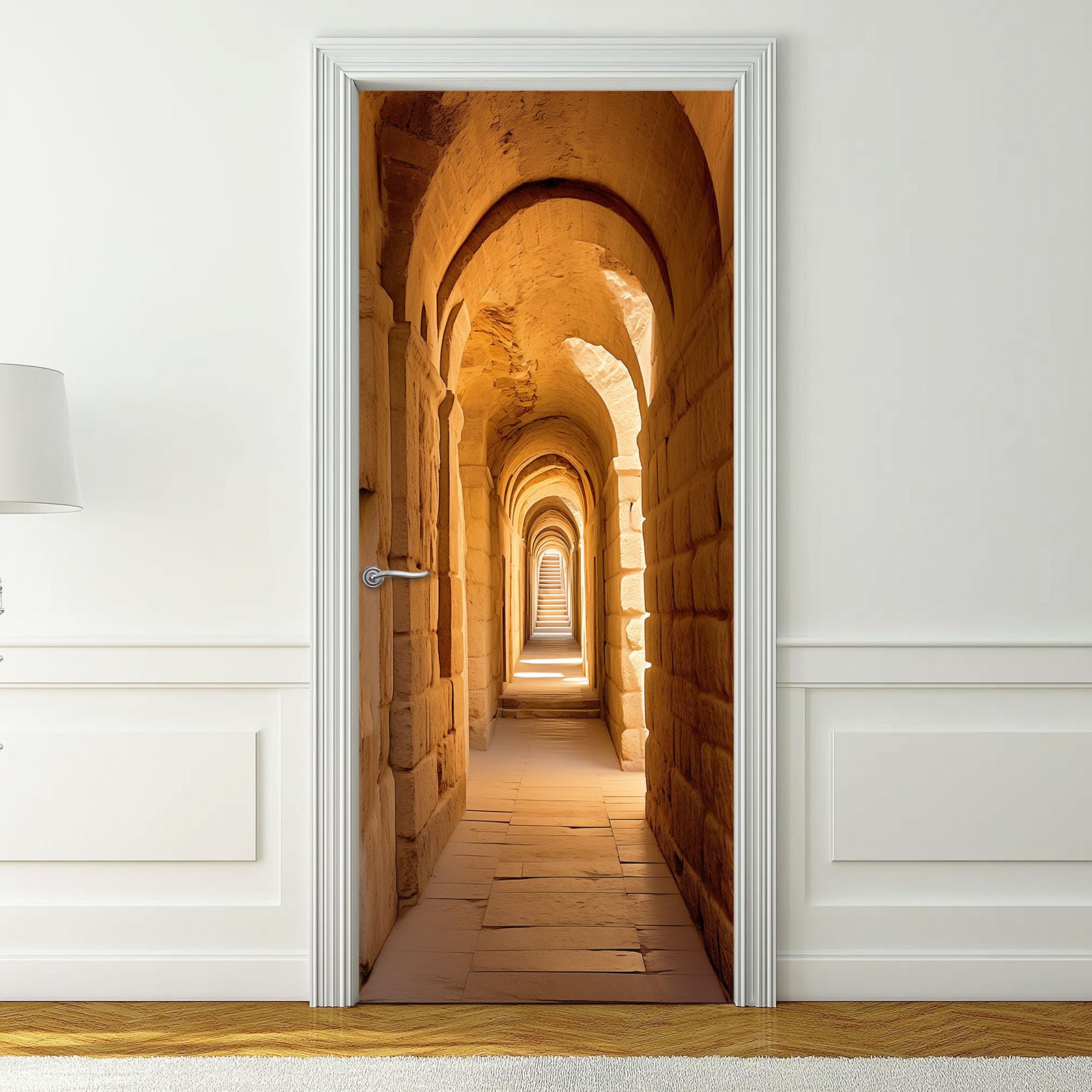 Stile Moderno Poster Adesivo Porta Autoadesivo Adesivo Da Parete Modello 3D Corridoio Arco, Marrone Adesivi per Porta in PVC per Camera Soggiorno Cucina 95x215 cm