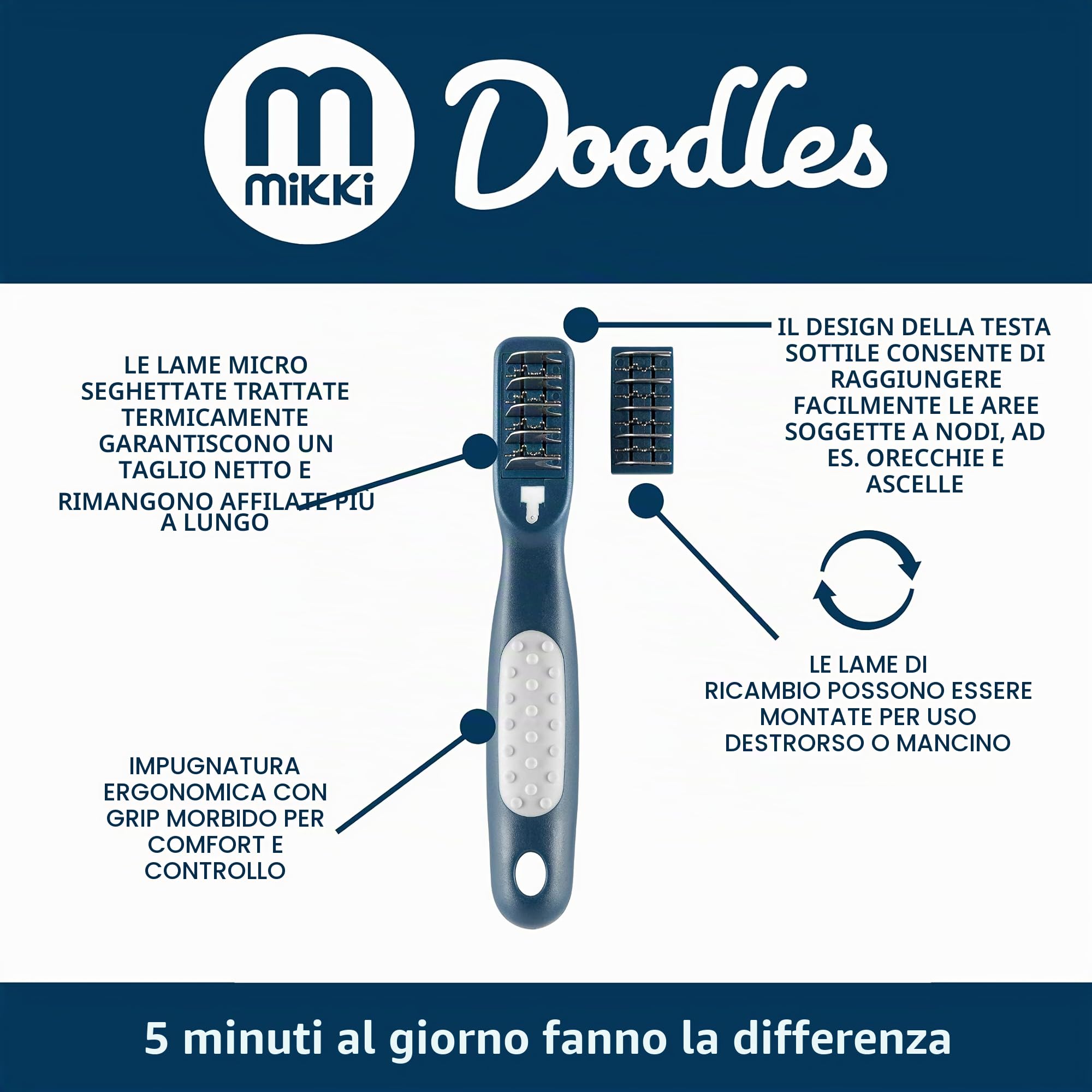 Mikki Doodles - Strumento per la toelettatura del cane, lame micro seghettate trattate termicamente, uso con mano sinistra e destra, per barboncini, taglia unica