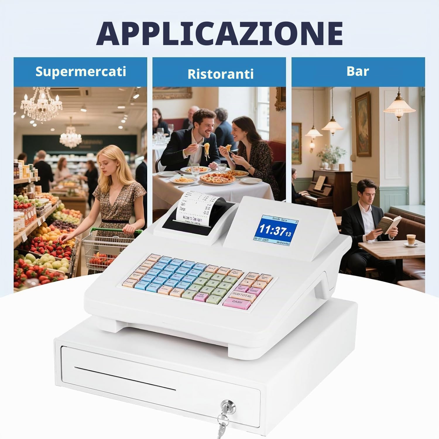 MABAOHENG Registratore di cassa elettronico Sistema di inglese, Cassa per il commercio LED display clienti con cassetto contanti, 3 rotoli di stampa termica da 58 mm, Sistema di cassa al dettaglio