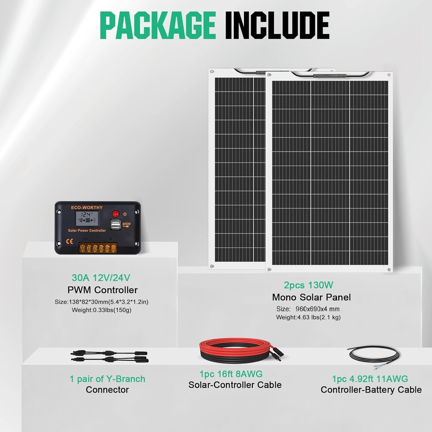 ECO-WORTHY - Kit pannello solare flessibile da 260 Watt, 12 Volt, indipendente dalla rete, fuori rete: 2 pezzi di pannello solare da 130 W + regolatore di carica PWM con display LCD da 30 A + cavo